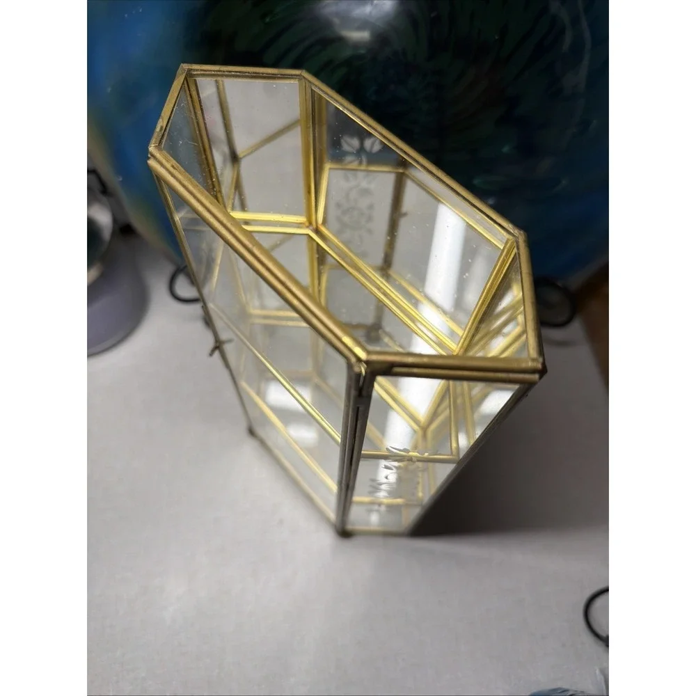 Vtg Etched Floral Glass Brass Mirrored Curio Display Cabinet Table 10
